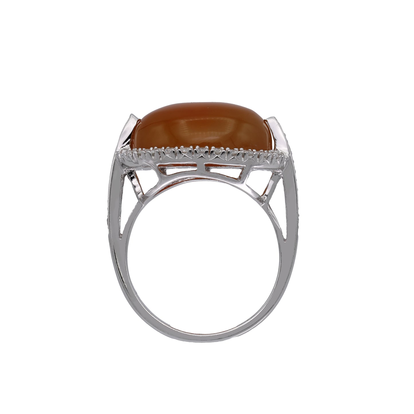 14k White Gold Oval Cabochon Orange/Brown Chalcedony & Diamond Ring