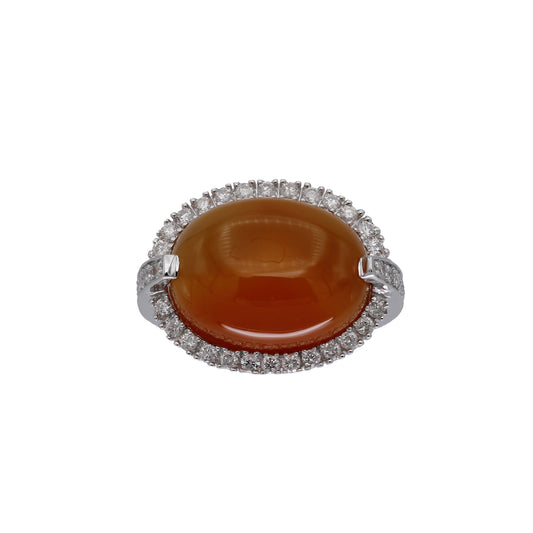 14k White Gold Oval Cabochon Orange/Brown Chalcedony & Diamond Ring