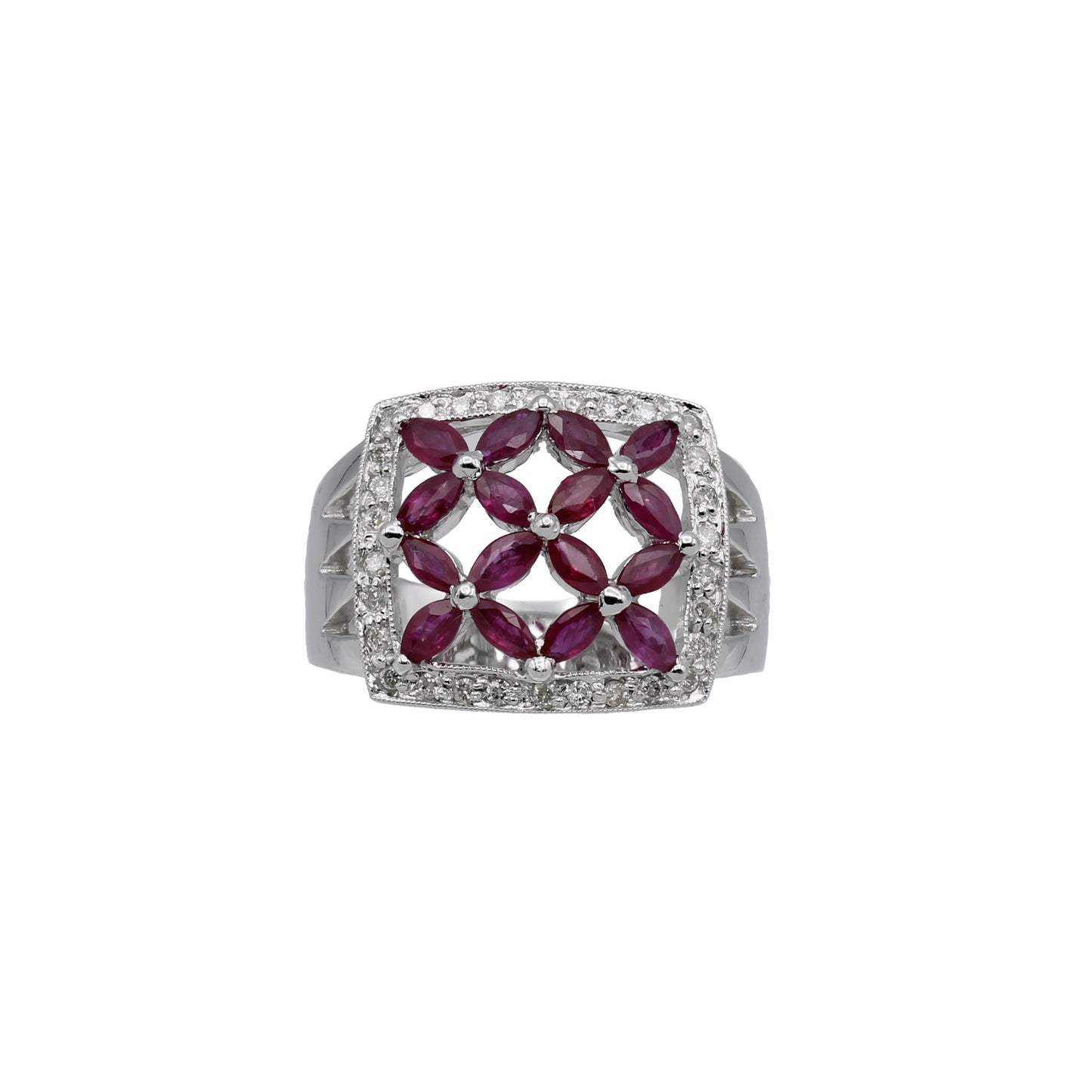 14k White Gold Square Marquise Ruby & Diamond Ring