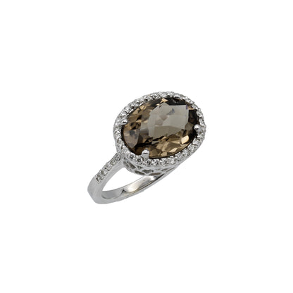 14k White Gold Oval Briolette-Cut Smoky Topaz Quartz & Diamond Halo Ring