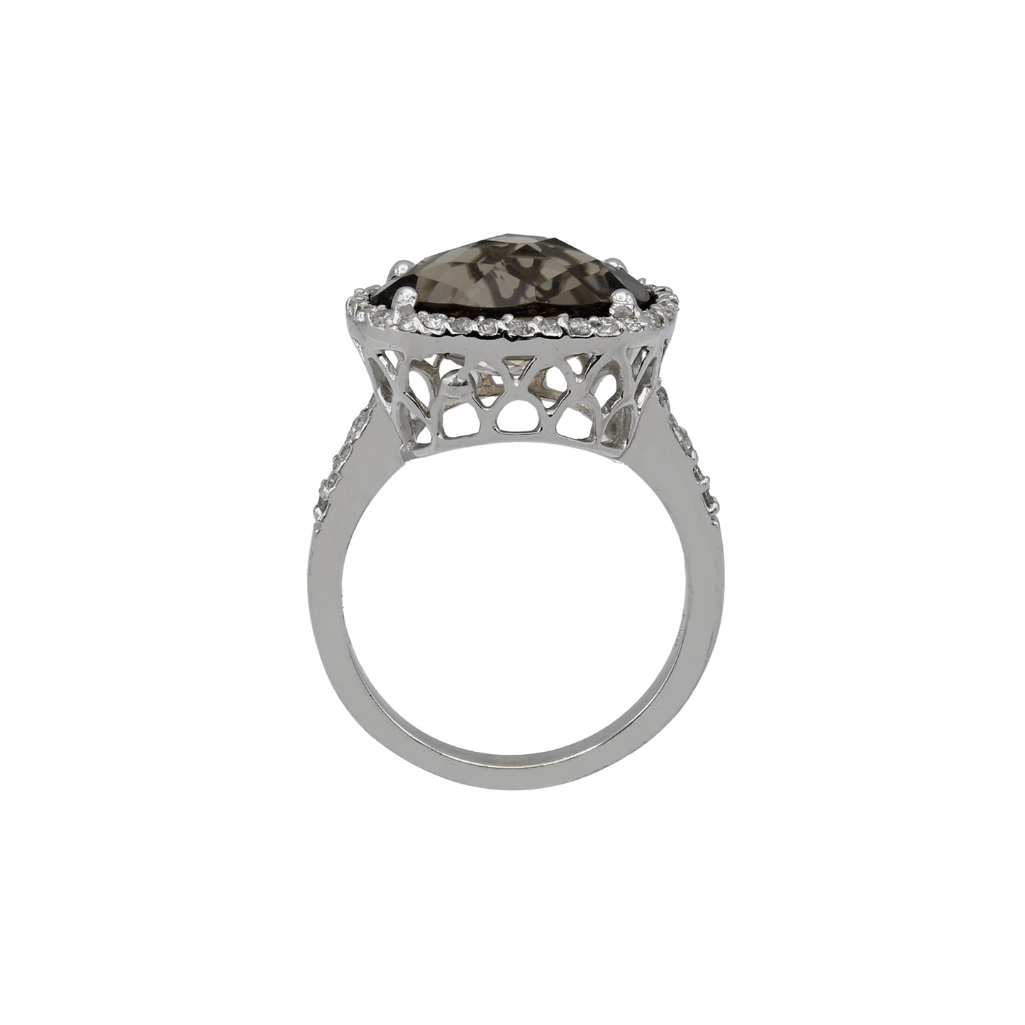 14k White Gold Oval Briolette-Cut Smoky Topaz Quartz & Diamond Halo Ring