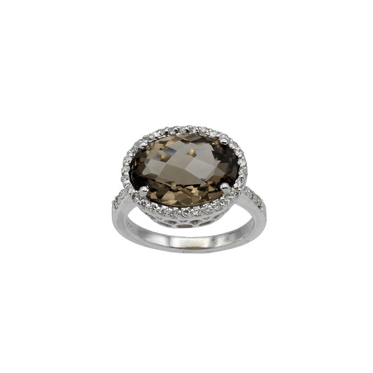 14k White Gold Oval Briolette-Cut Smoky Topaz Quartz & Diamond Halo Ring