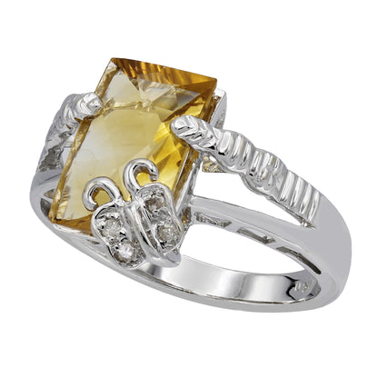 14k White Gold Diamond & Rectangular Shaped Citrine Quartz Butterfly Ring - 0.04ct TDW