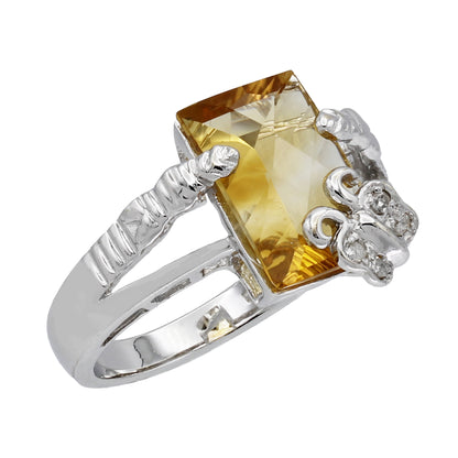 14k White Gold Diamond & Rectangular Shaped Citrine Quartz Butterfly Ring - 0.04ct TDW