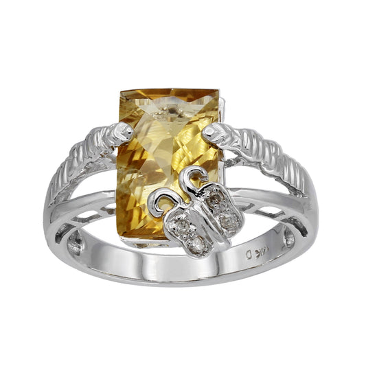 14k White Gold Diamond & Rectangular Shaped Citrine Quartz Butterfly Ring - 0.04ct TDW