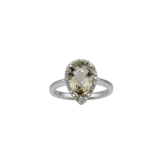 14k White Gold Pear Briolette-Cut Smoky Topaz Quartz & Diamond Halo Ring