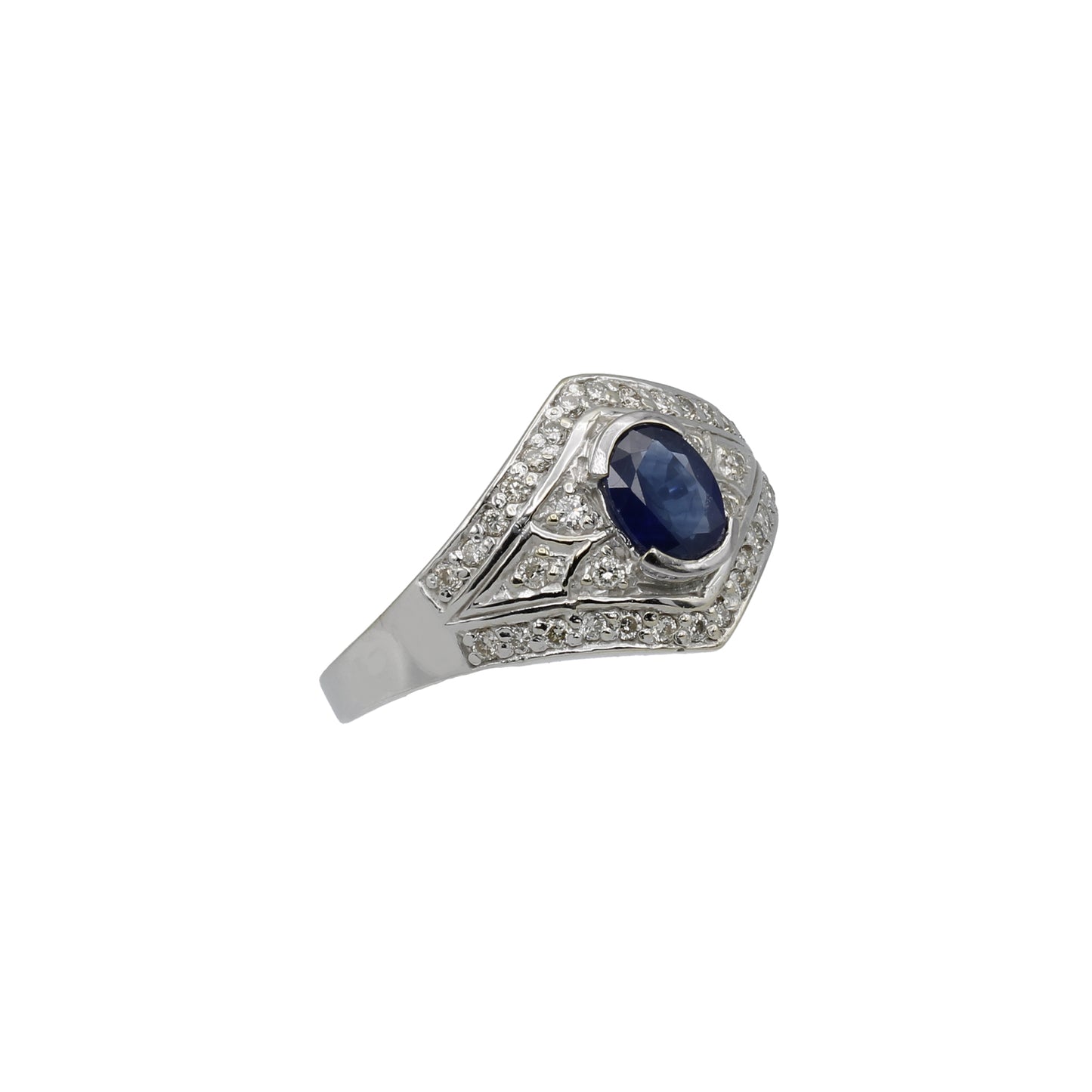 14k White Gold Filigree Oval Sapphire & Diamond Ring