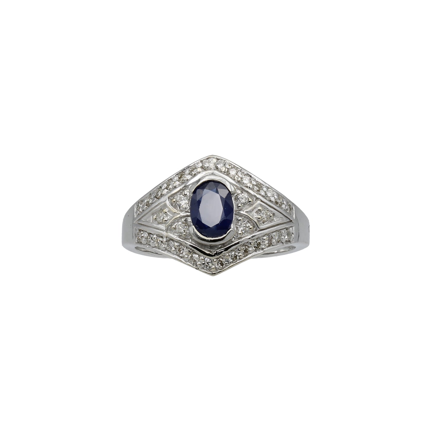 14k White Gold Filigree Oval Sapphire & Diamond Ring