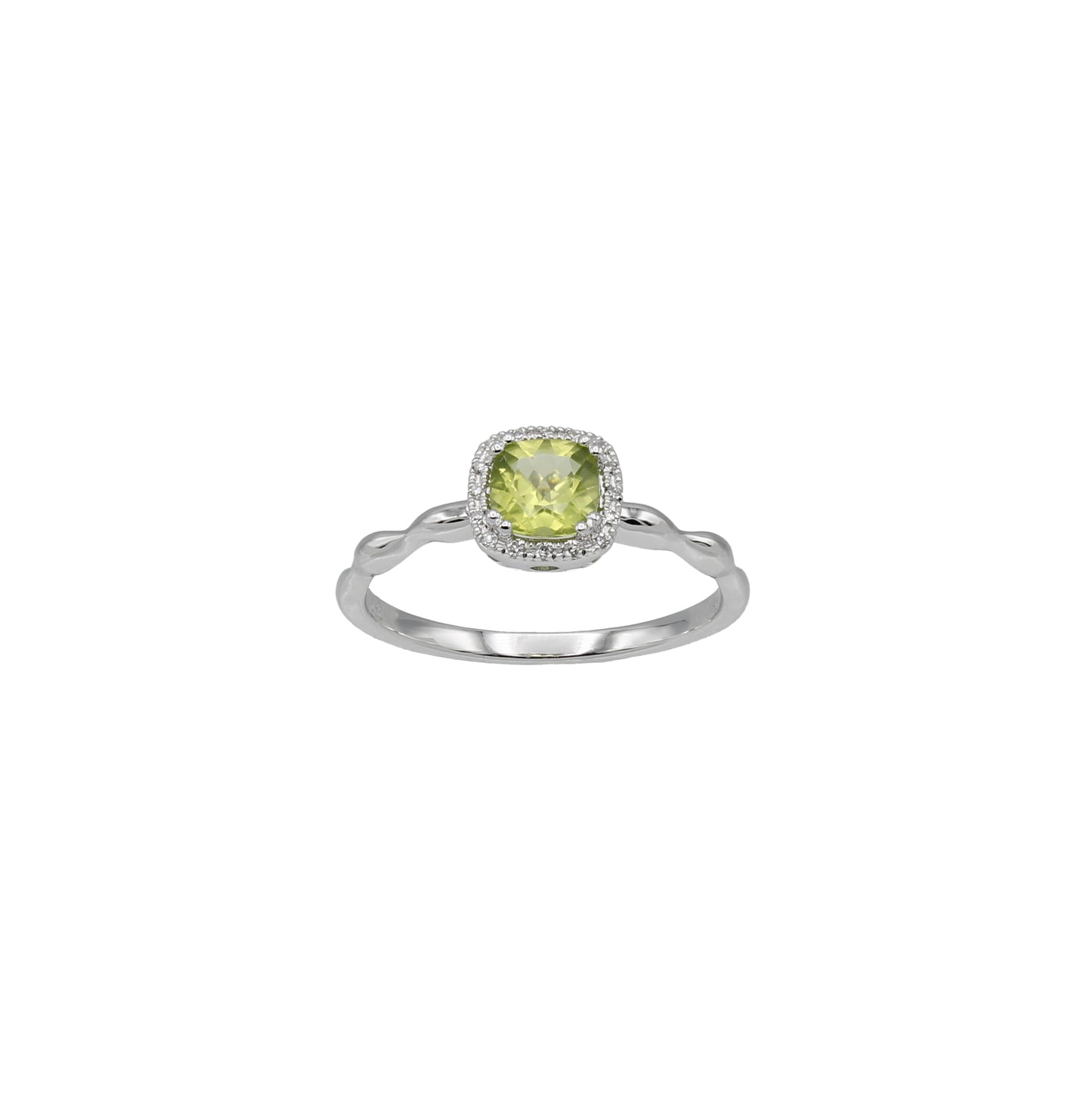 14k White Gold Cushion-Cut Green Quartz & Diamond Halo Ring