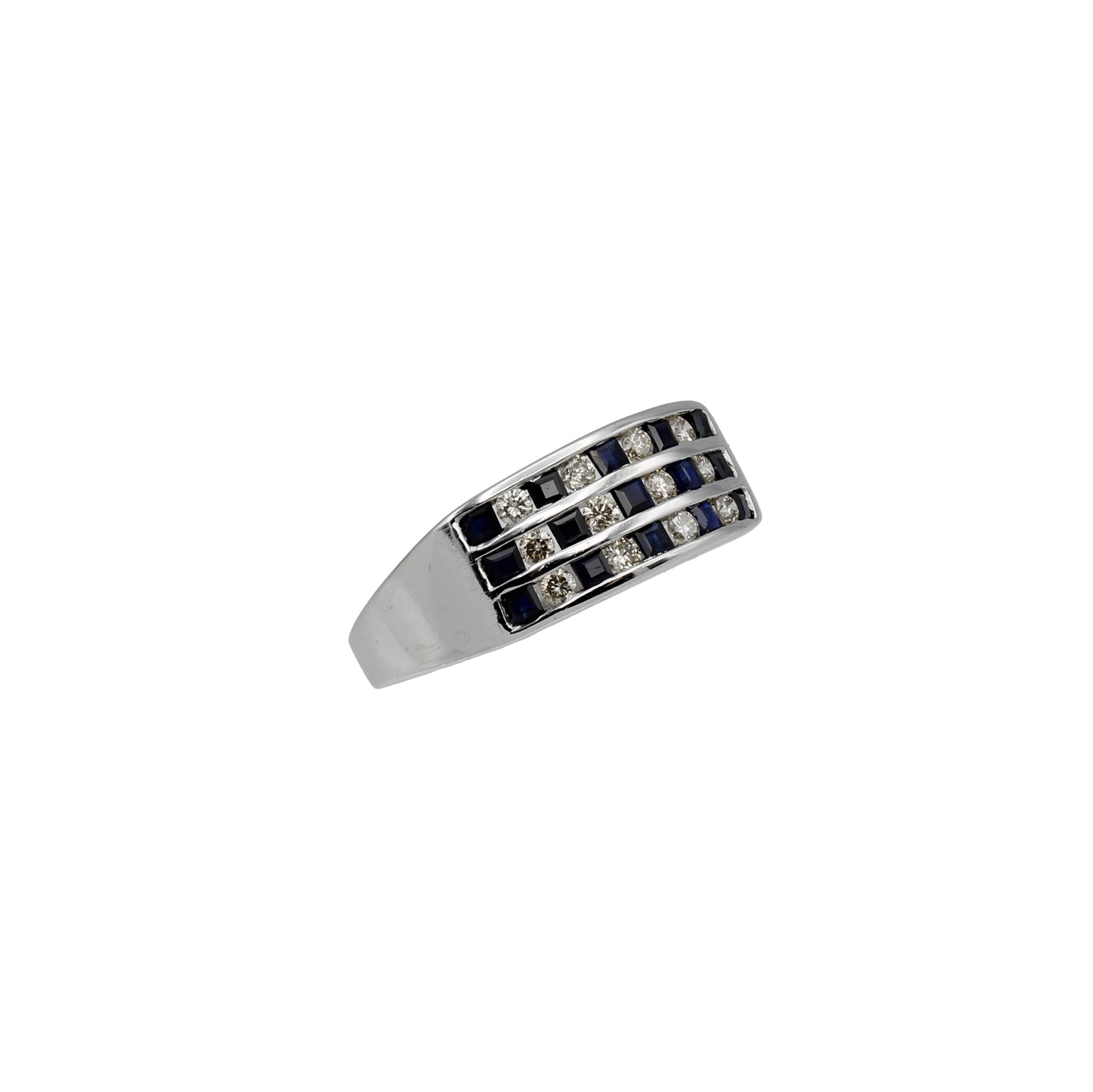 14k White Gold Sapphire & Diamond 3-Row Band Style Ring