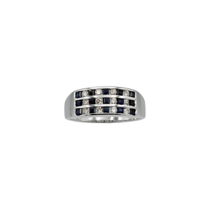 14k White Gold Sapphire & Diamond 3-Row Band Style Ring