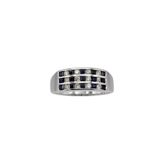 14k White Gold Sapphire & Diamond 3-Row Band Style Ring