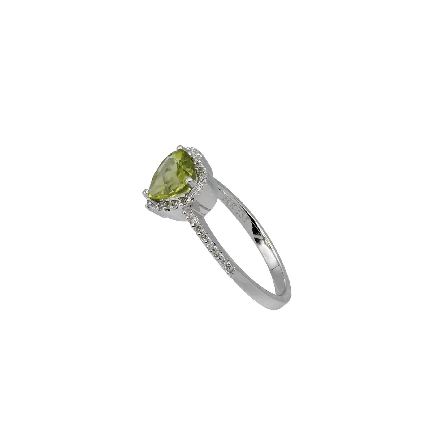 14k White Gold Heart-Cut Green Quartz & Diamond Halo Ring