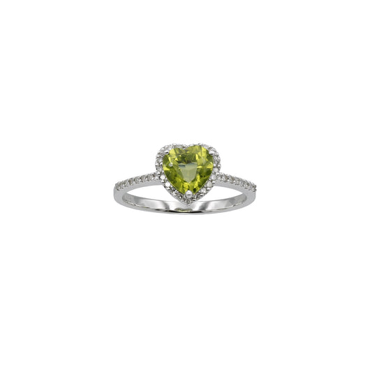 14k White Gold Heart-Cut Green Quartz & Diamond Halo Ring