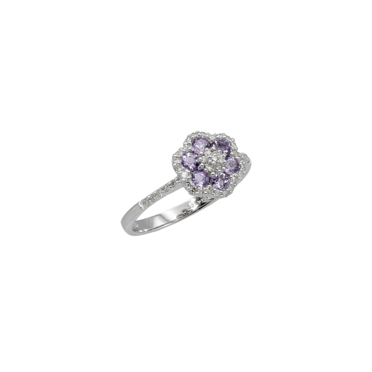 14k White Gold Diamond & Amethyst Flower Ring