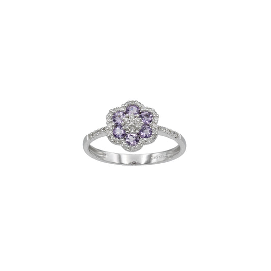 14k White Gold Diamond & Amethyst Flower Ring