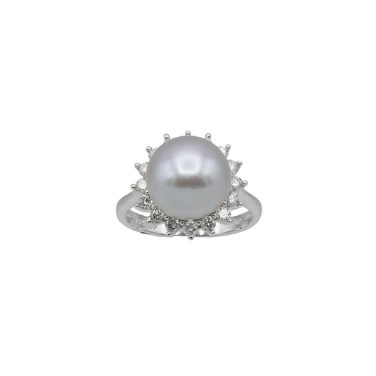 14k White Gold Grey Cultured Pearl & Diamond Ring