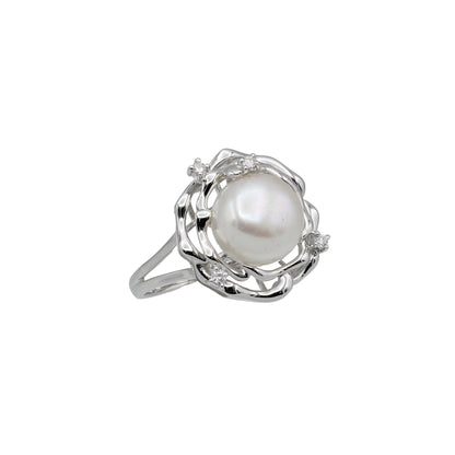 14k White Gold Cultured Pearl & Diamond Flower Ring