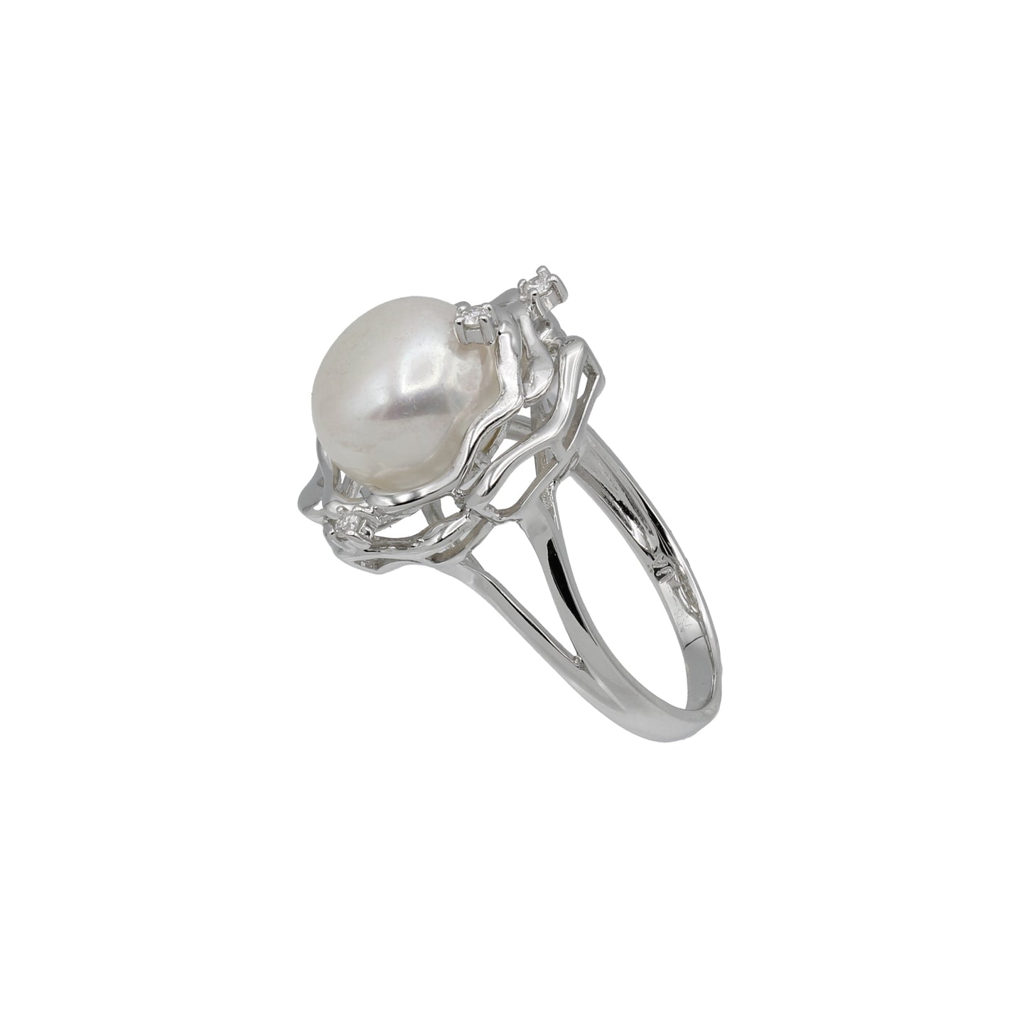 14k White Gold Cultured Pearl & Diamond Flower Ring