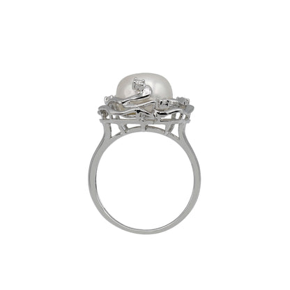 14k White Gold Cultured Pearl & Diamond Flower Ring