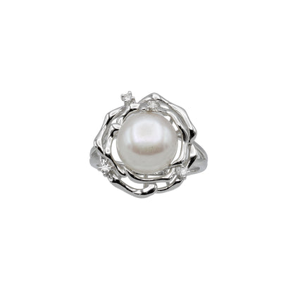 14k White Gold Cultured Pearl & Diamond Flower Ring