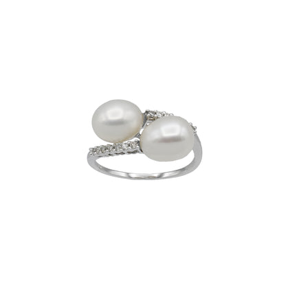 14k White Gold Fancy Double Cultured Pearls & Diamond Ring