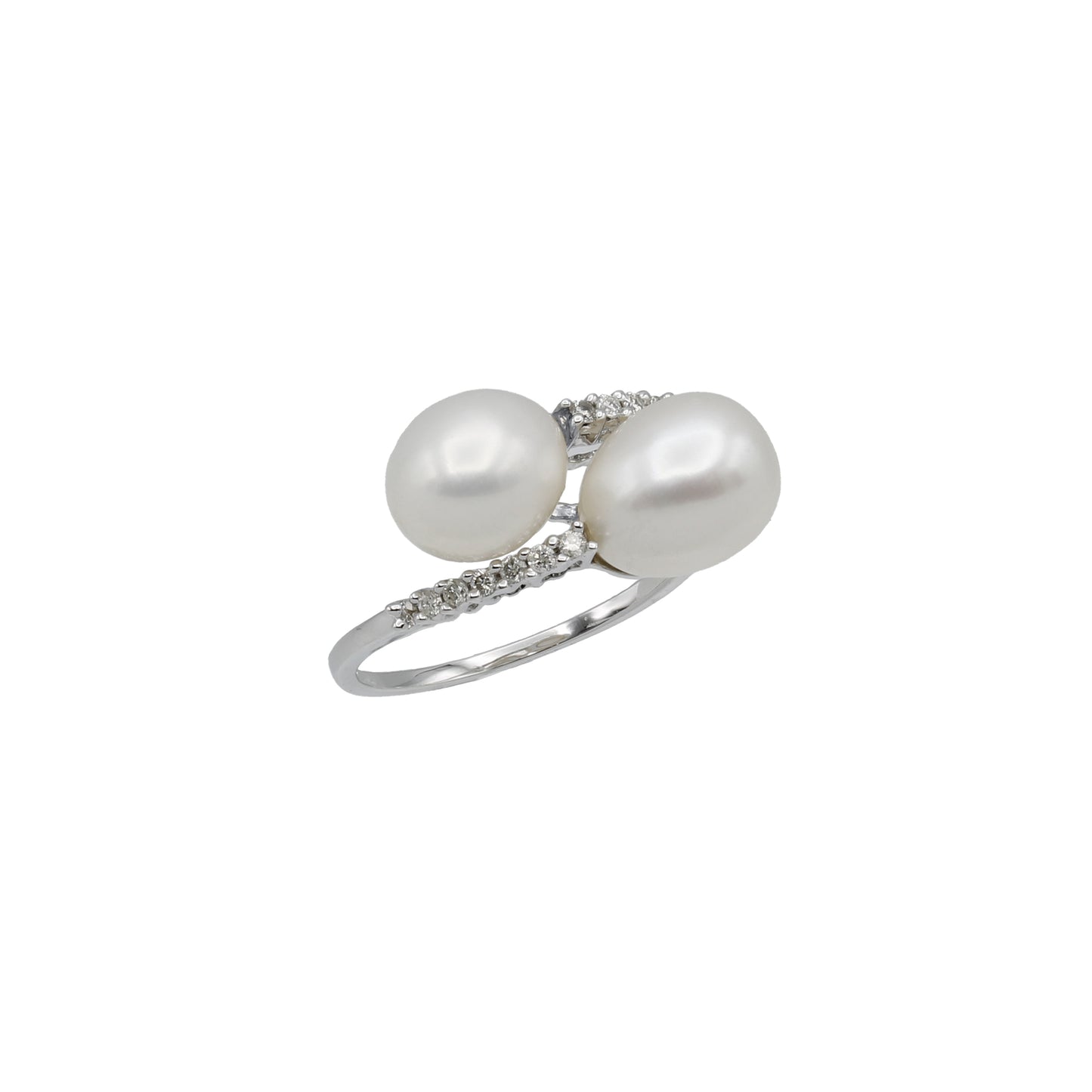 14k White Gold Fancy Double Cultured Pearls & Diamond Ring