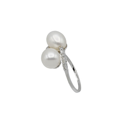 14k White Gold Fancy Double Cultured Pearls & Diamond Ring