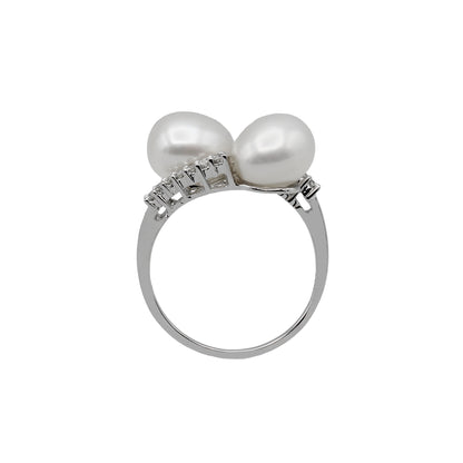 14k White Gold Fancy Double Cultured Pearls & Diamond Ring