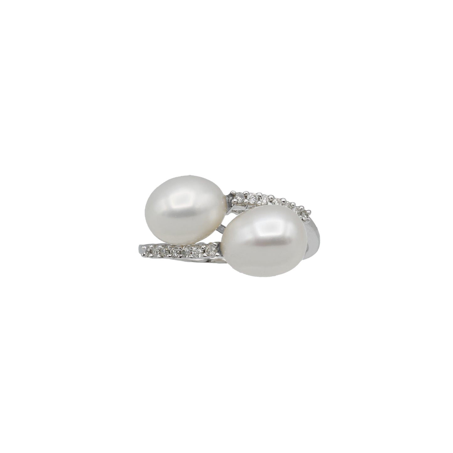 14k White Gold Fancy Double Cultured Pearls & Diamond Ring