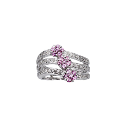 14k White Gold 3-Row Pink Quartz Flower & Diamond Ring