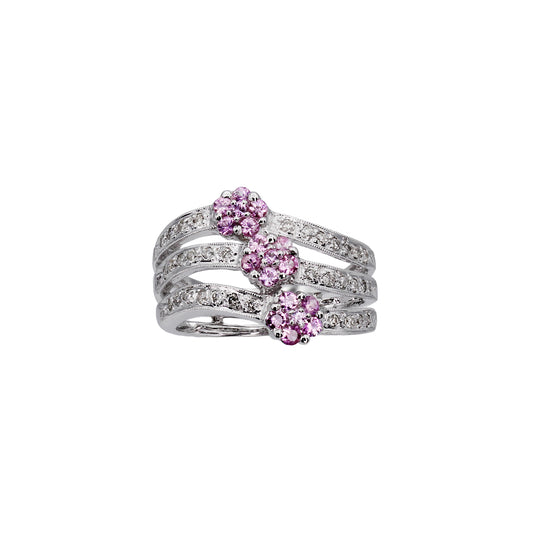 14k White Gold 3-Row Pink Quartz Flower & Diamond Ring