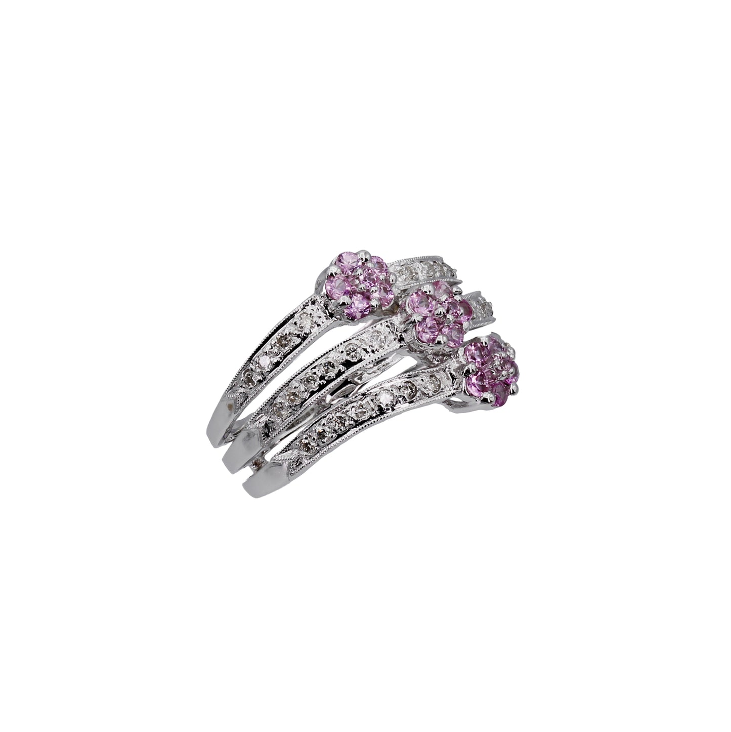 14k White Gold 3-Row Pink Quartz Flower & Diamond Ring