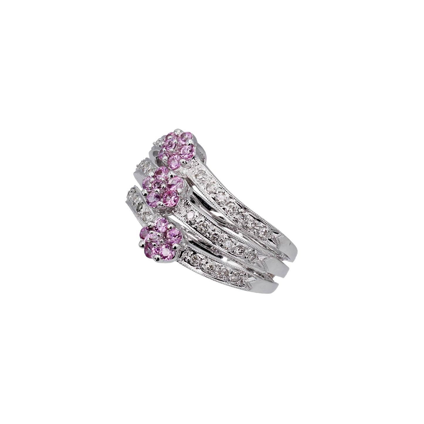 14k White Gold 3-Row Pink Quartz Flower & Diamond Ring