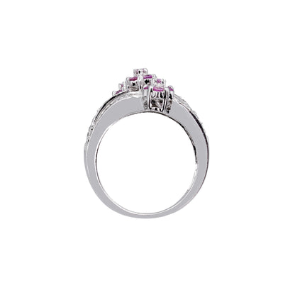 14k White Gold 3-Row Pink Quartz Flower & Diamond Ring