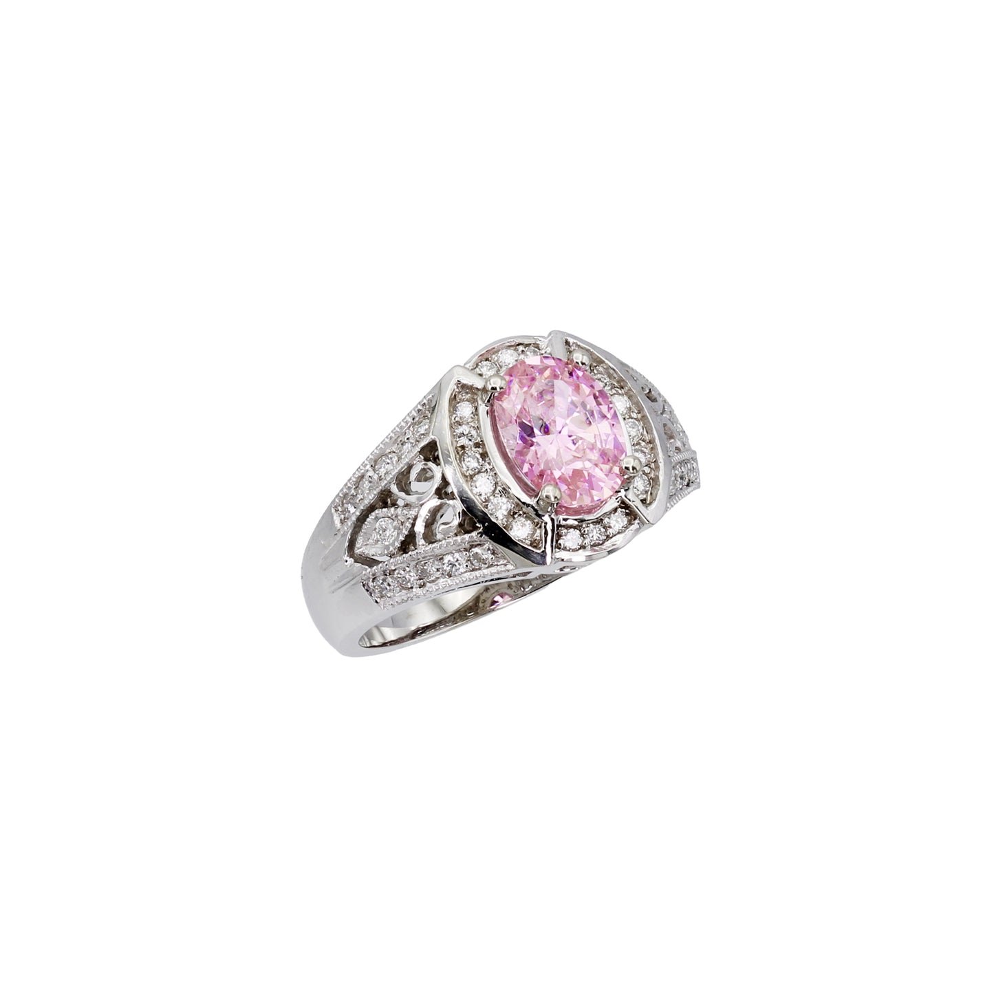 14k White Gold Diamonds & Oval Pink Quartz Filigree Style Ring