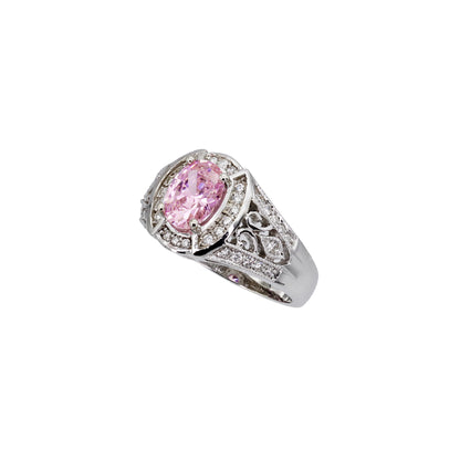 14k White Gold Diamonds & Oval Pink Quartz Filigree Style Ring