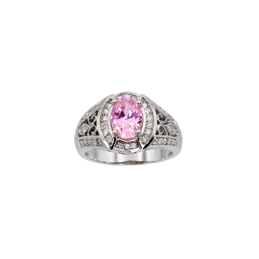 14k White Gold Diamonds & Oval Pink Quartz Filigree Style Ring