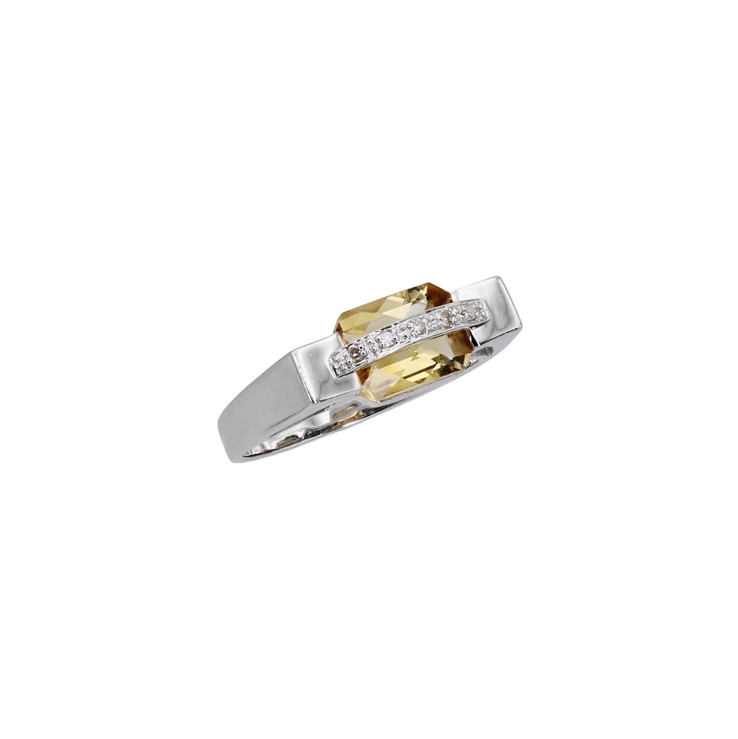 14k White Gold Emerald-Cut Citrine Quartz & Diamond Bridge Ring