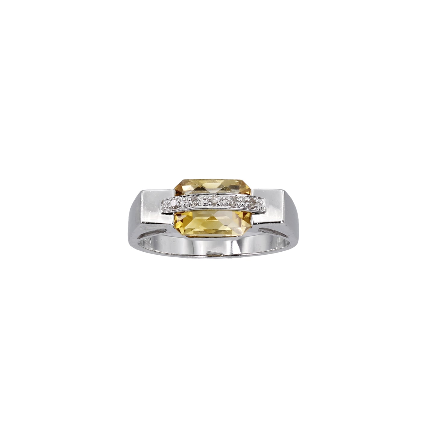 14k White Gold Emerald-Cut Citrine Quartz & Diamond Bridge Ring