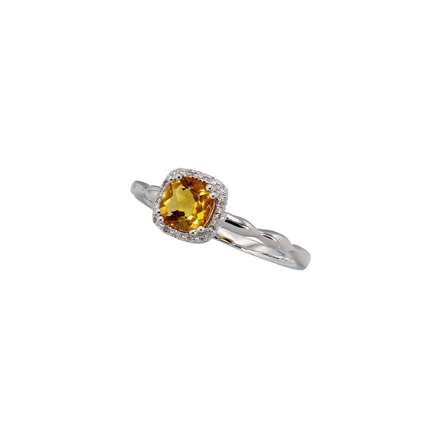 14k White Gold Cushion-Cut Citrine Quartz Halo Diamond Ring