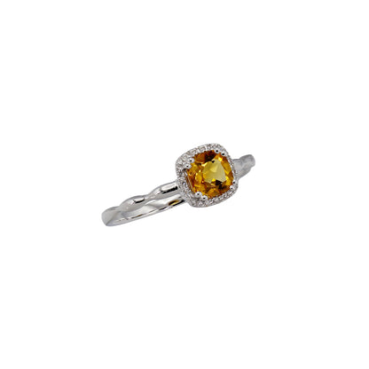 14k White Gold Cushion-Cut Citrine Quartz Halo Diamond Ring