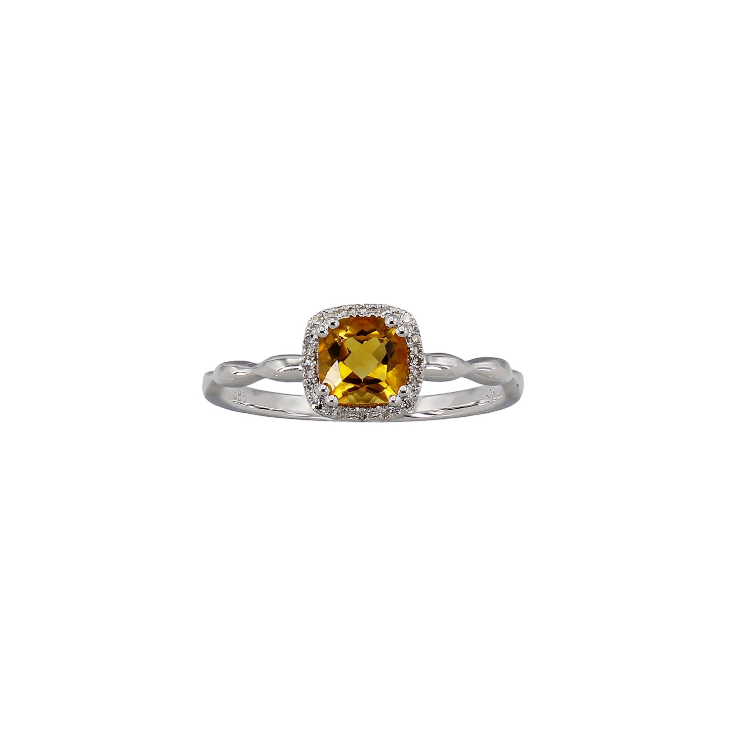 14k White Gold Cushion-Cut Citrine Quartz Halo Diamond Ring