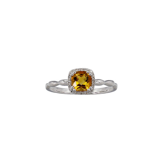 14k White Gold Cushion-Cut Citrine Quartz Halo Diamond Ring