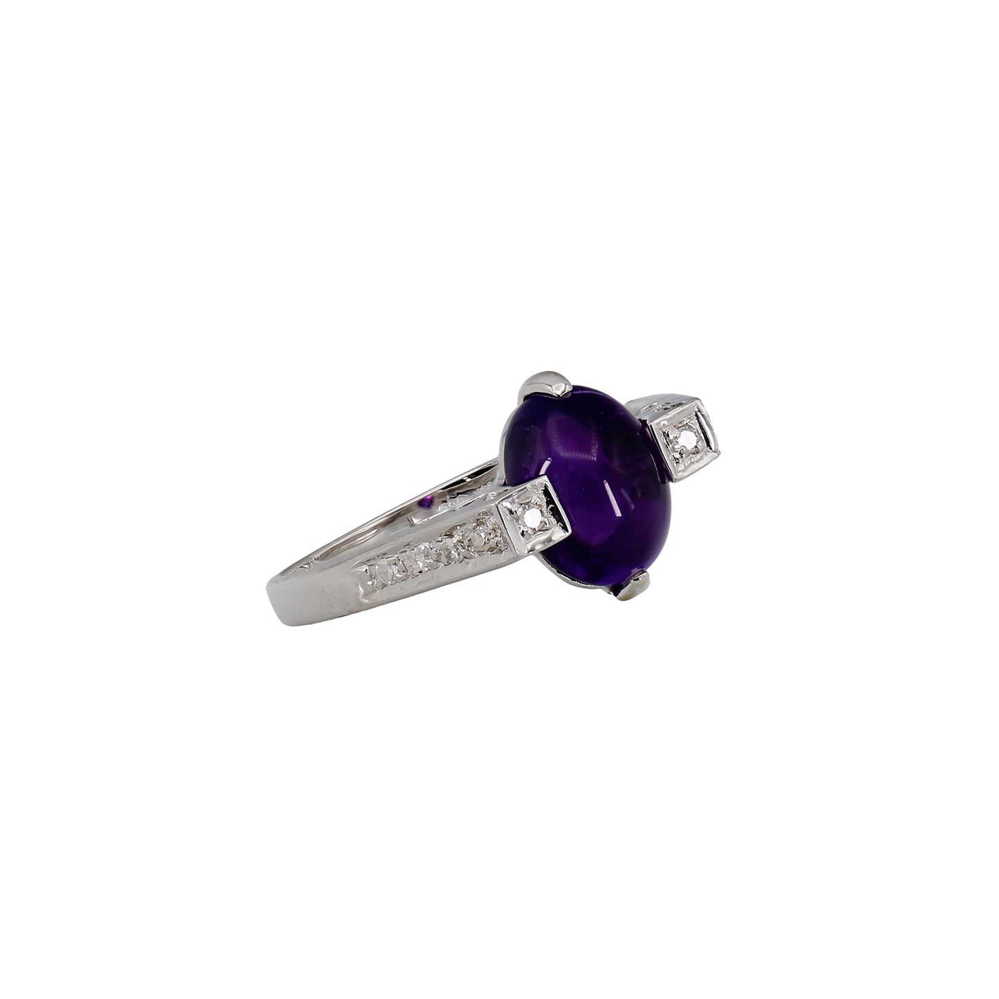 14k White Gold Cabochon Amethyst Quartz Diamond Ring