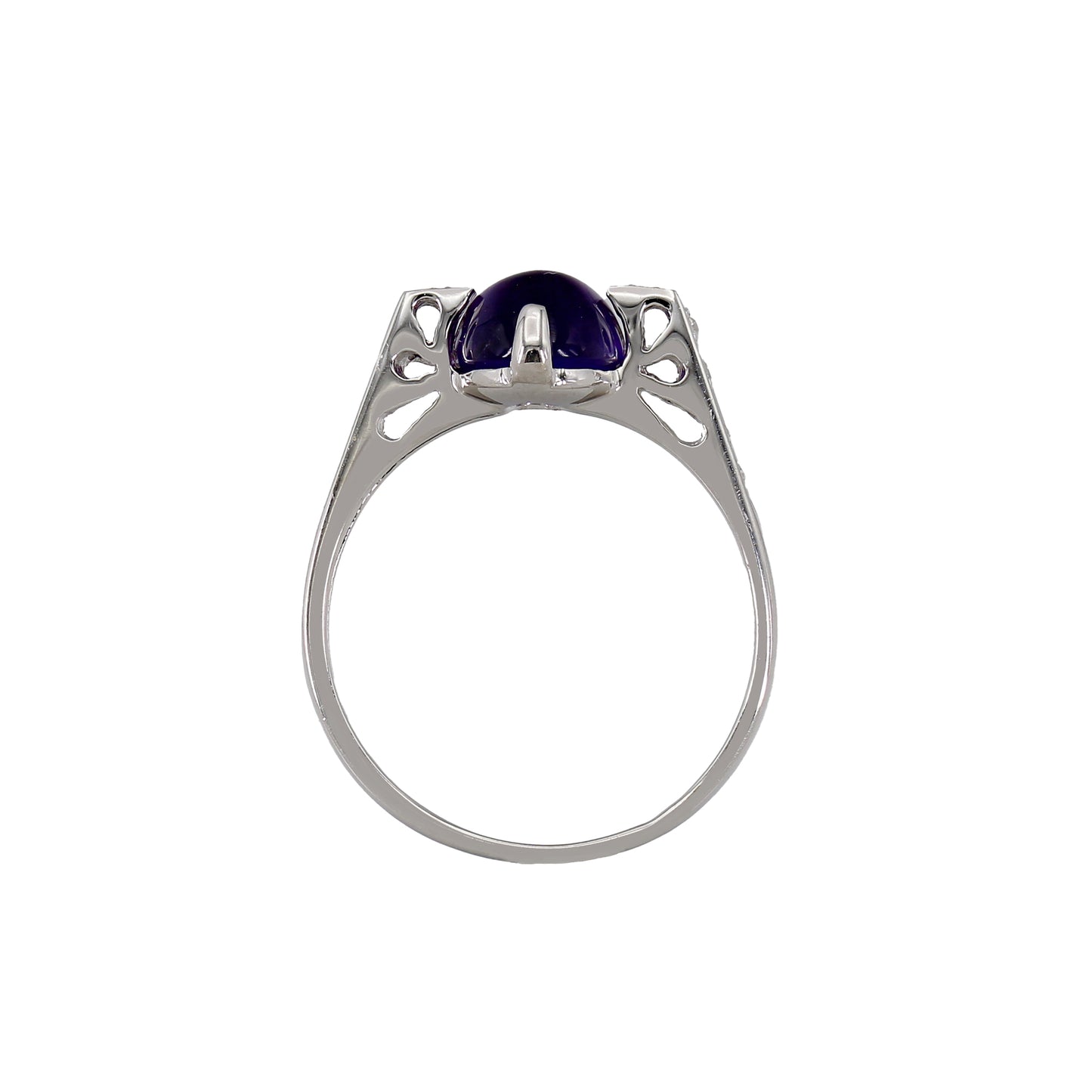 14k White Gold Cabochon Amethyst Quartz Diamond Ring