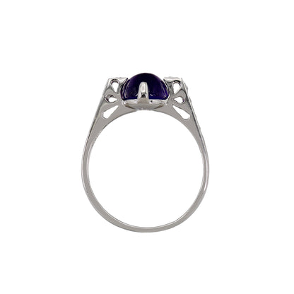 14k White Gold Cabochon Amethyst Quartz Diamond Ring