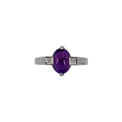 14k White Gold Cabochon Amethyst Quartz Diamond Ring