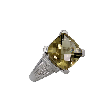 14k White Gold Fancy Cushion-Cut Smoky Topaz Quartz & Diamond Ring