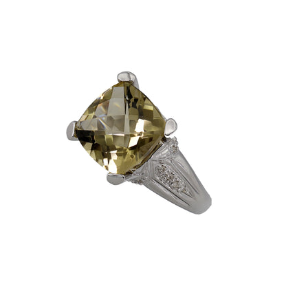 14k White Gold Fancy Cushion-Cut Smoky Topaz Quartz & Diamond Ring